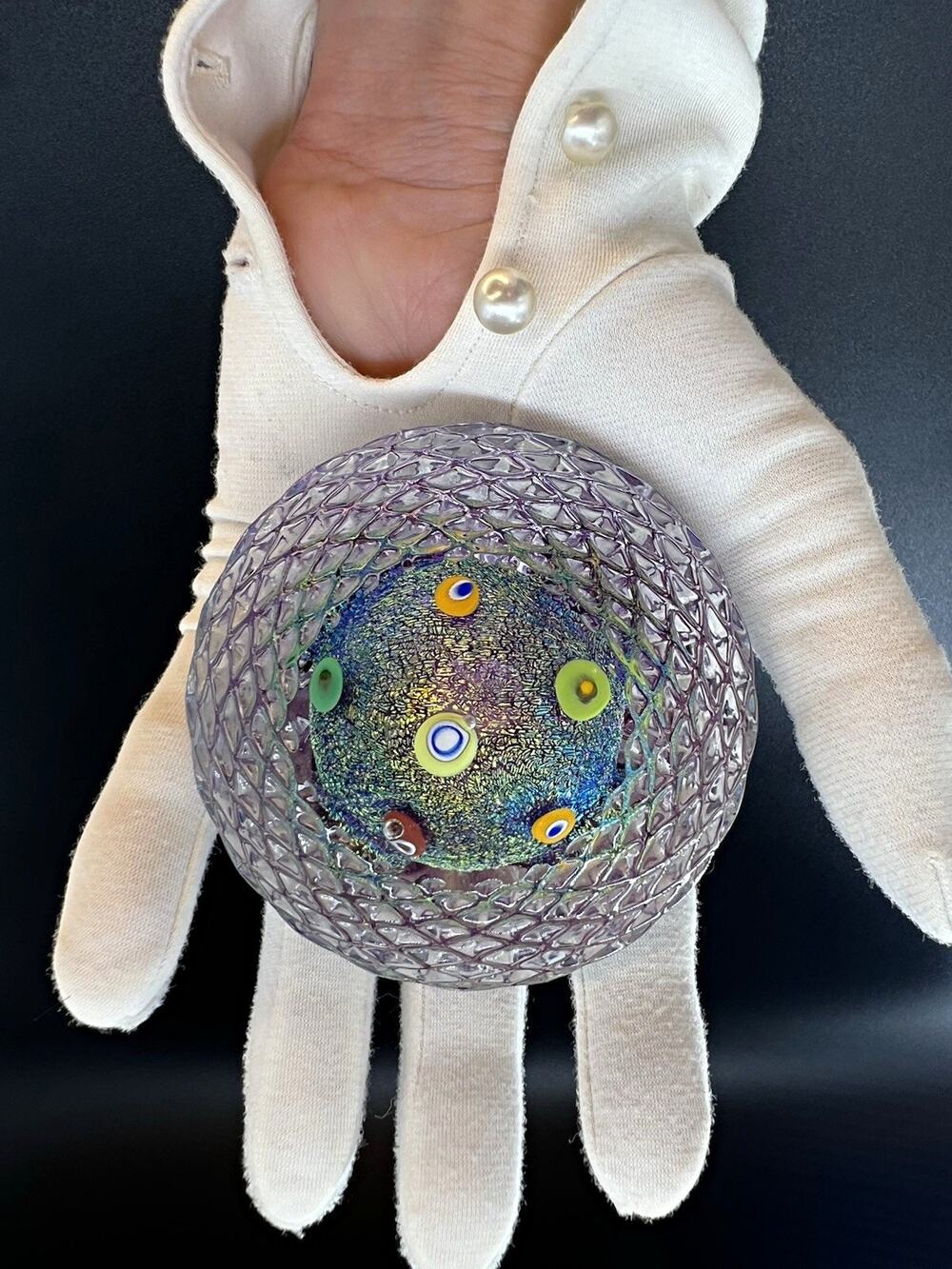 vintage GES 99 signed art glass paperweight Iridescent glass eye studio 3.5x3.5
